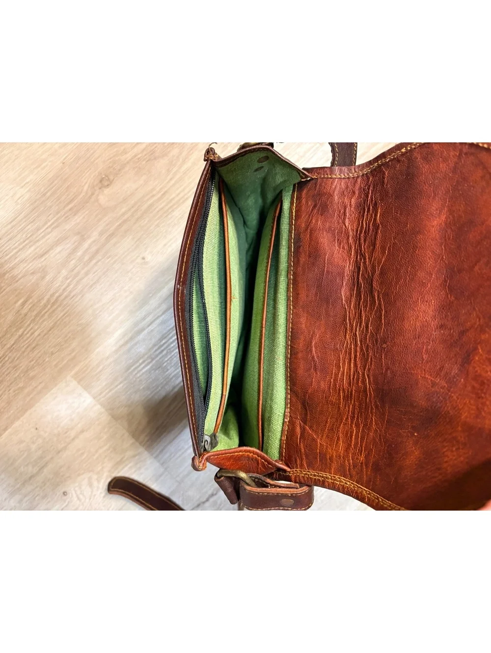 Vintage Brown Leather Crossbody Bag w/ Green Lining Purse WhimsyGoth Goblincore
